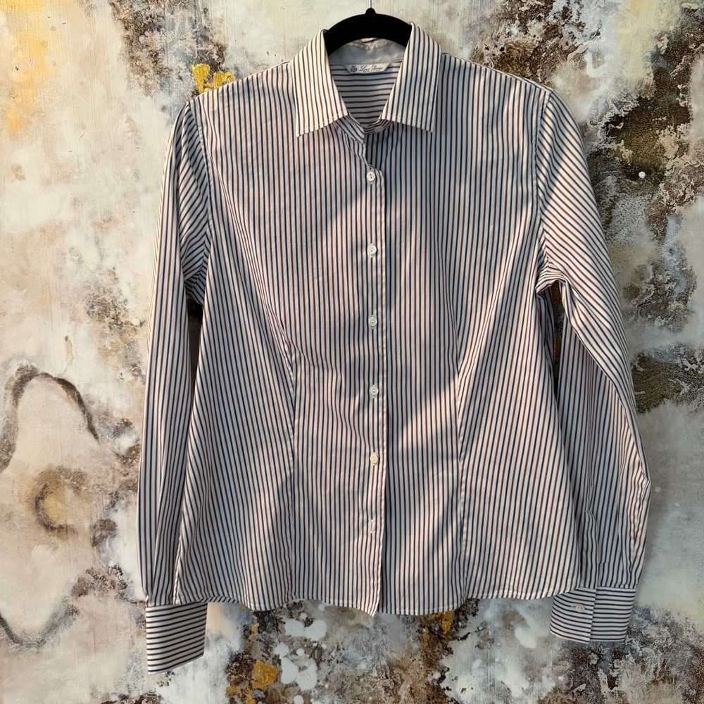 Loro Piana White Button-Down Shirt with Navy and Brown Stripes
